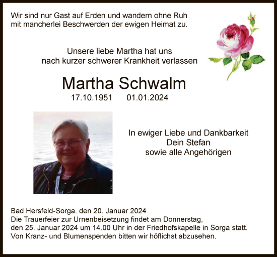 Todesanzeige von Martha Schwalm von HZ