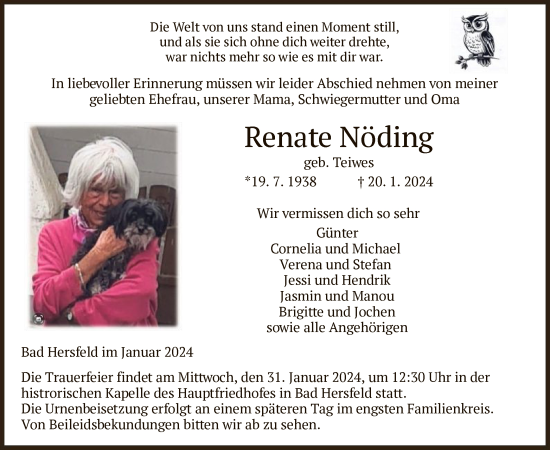 Todesanzeige von Renate Nöding von HZ