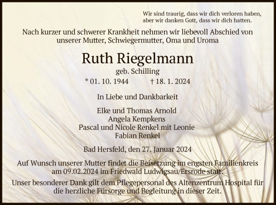 Todesanzeige von Ruth Riegelmann von HZ