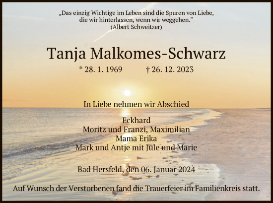 Todesanzeige von Tanja Malkomes-Schwarz von HZ