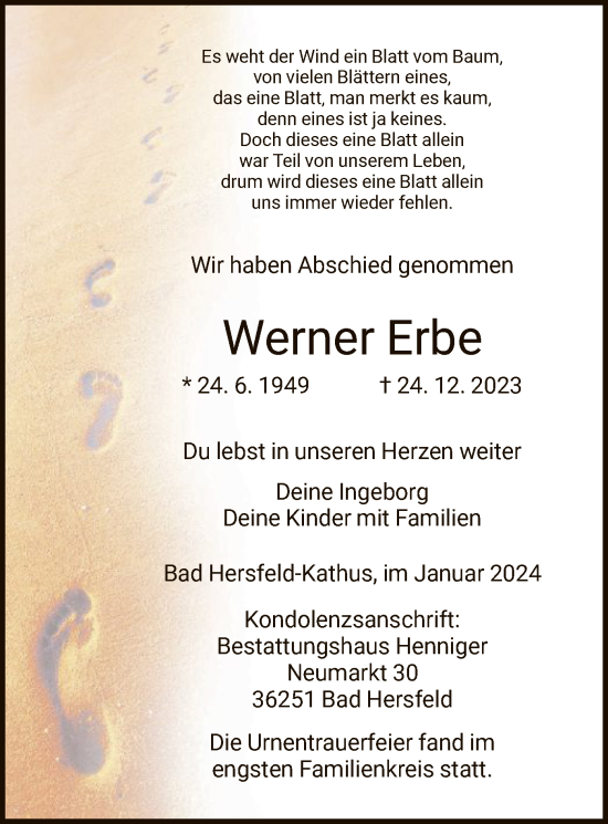 Todesanzeige von Werner Erbe von HZ