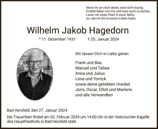 Todesanzeige von Wilhelm Jakob Hagedorn von HZ