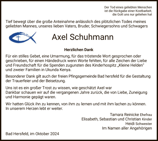 Todesanzeige von Axel Schuhmann von HZ