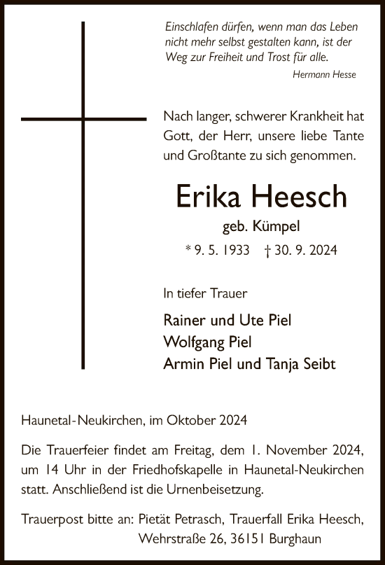 Todesanzeige von Erika Heesch von HZ