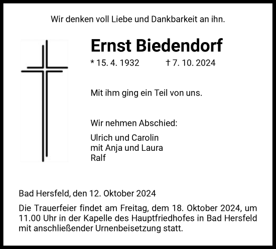 Todesanzeige von Ernst Biedendorf von HZ