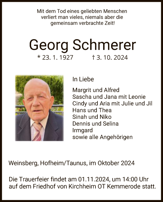Todesanzeige von Gerog Schmerer von HZ