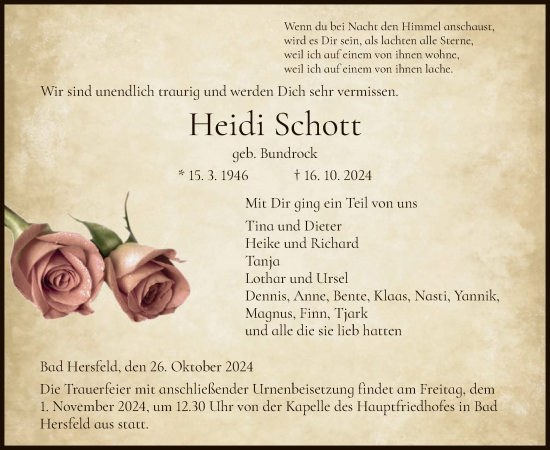 Todesanzeige von Heidi Schott von HZ