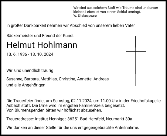 Todesanzeige von Helmut Hohlmann von HZ