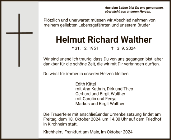 Todesanzeige von Helmut Richard Walther von HZ