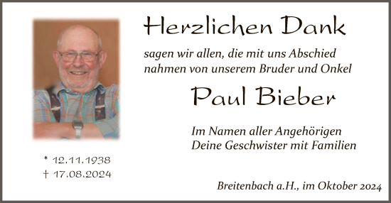 Todesanzeige von Paul Bieber von HZ