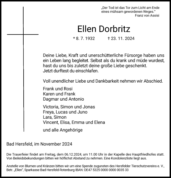 Todesanzeige von Ellen Dorbritz von HZ