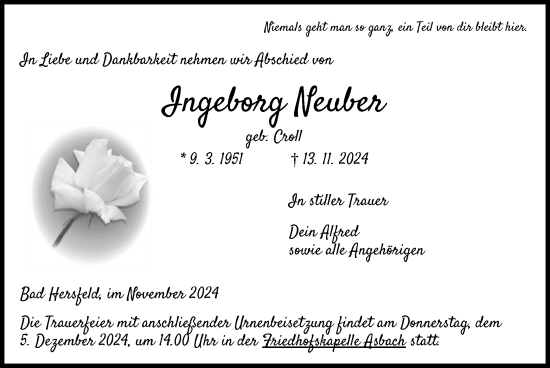 Todesanzeige von Ingeborg Neuber von HZ