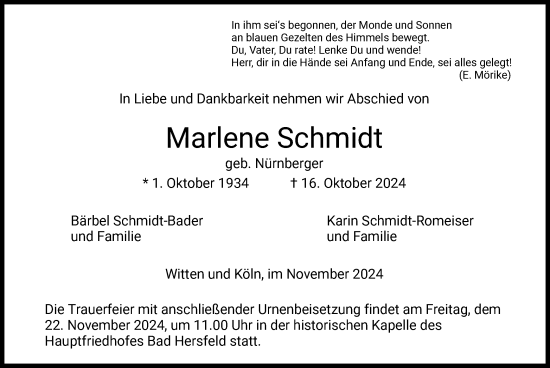 Todesanzeige von Marlene Schmidt von HZ