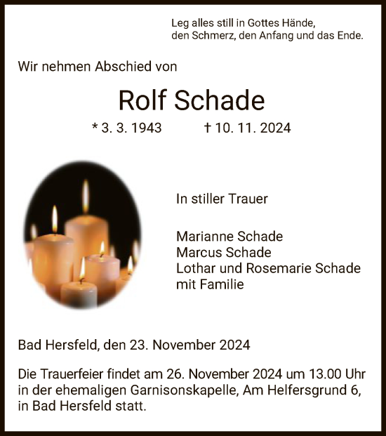 Todesanzeige von Rolf Schade von HZ