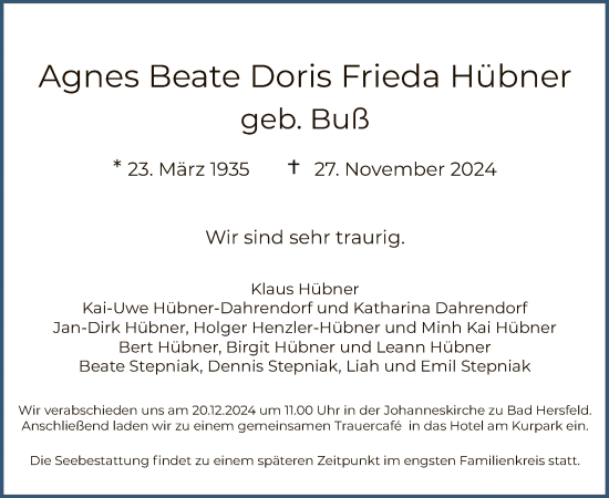 Todesanzeige von Agnes Beate Doris Frieda Hübner von HZ