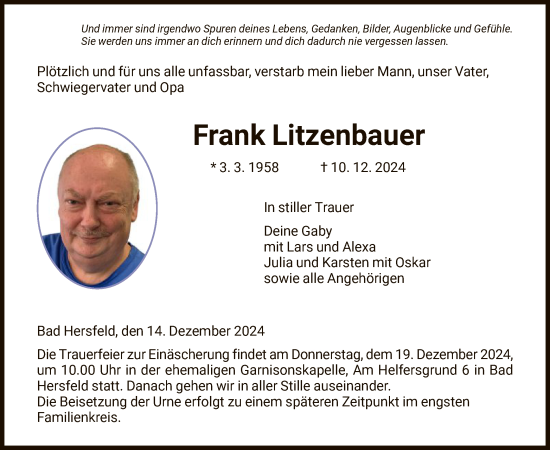 Todesanzeige von Frank Litzenbauer von HZ