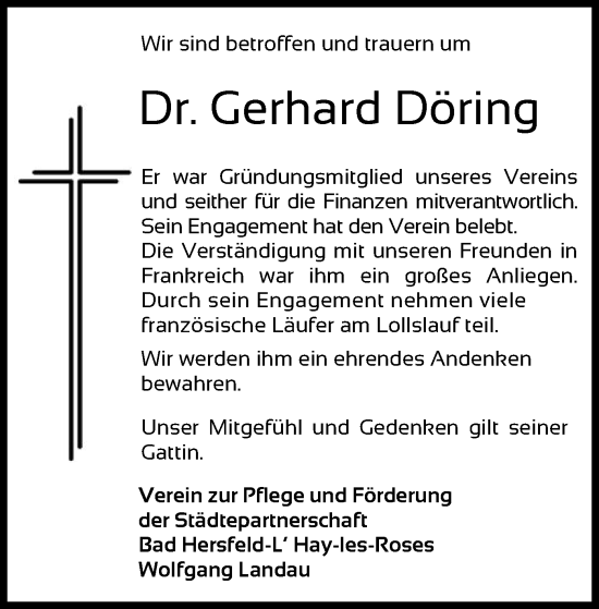 Todesanzeige von Gerhard Döring von HZ