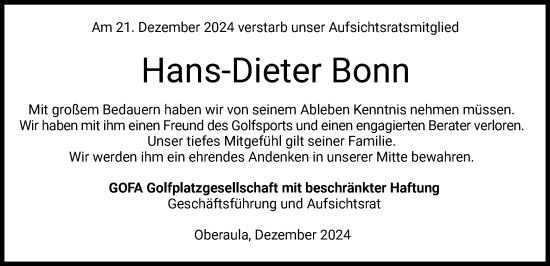 Todesanzeige von Hans-Dieter Bonn von HZ