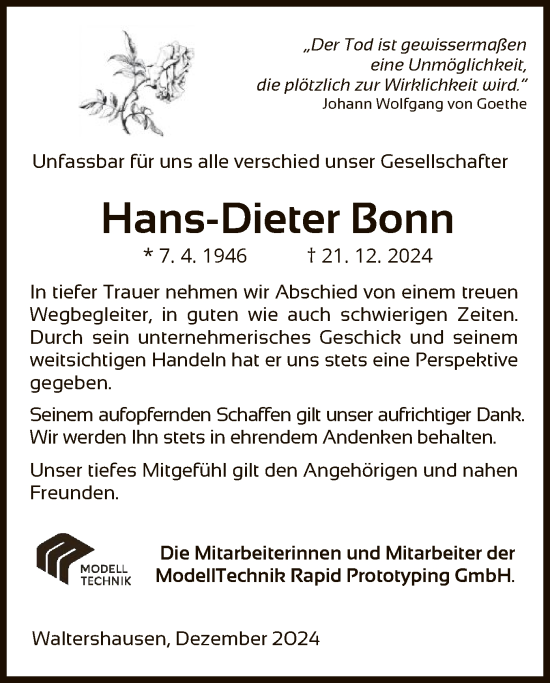 Todesanzeige von Hans-Dieter Bonn von HZ