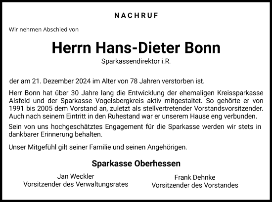 Todesanzeige von Hans-Dieter Bonn von HZ