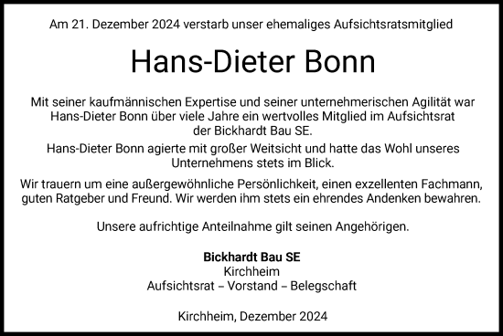 Todesanzeige von Hans-Dieter Bonn von HZ
