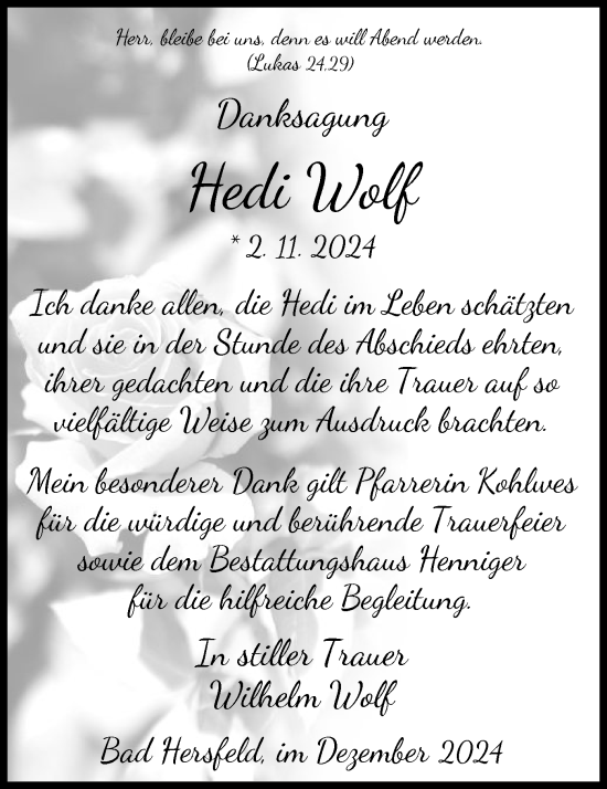 Todesanzeige von Hedi Wolf von HZ