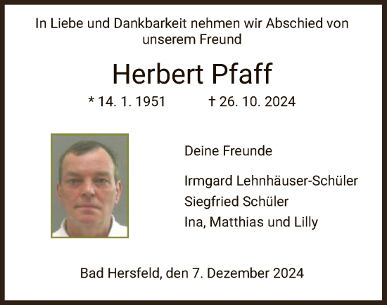 Todesanzeige von Herbert Pfaff von HZ