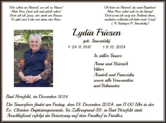 Todesanzeige von Lydia Friesen von HZ