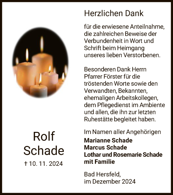 Todesanzeige von Rolf Schade von HZ