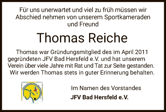 Todesanzeige von Thomas Reiche von HZ