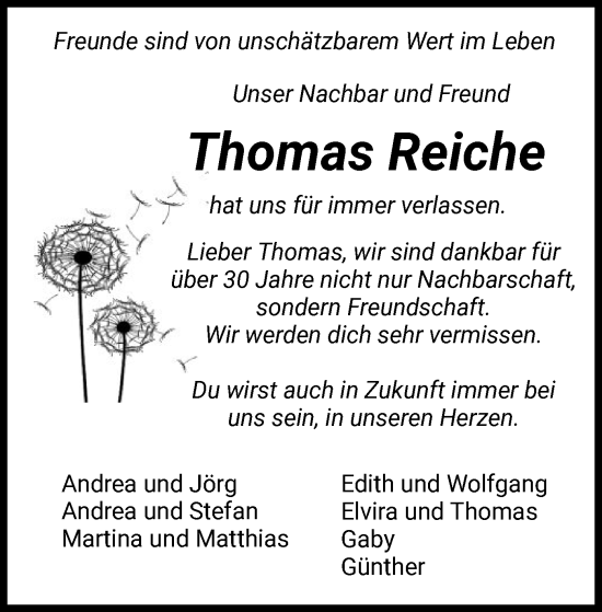 Todesanzeige von Thomas Reiche von HZ