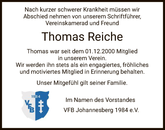 Todesanzeige von Thomas Reiche von HZ
