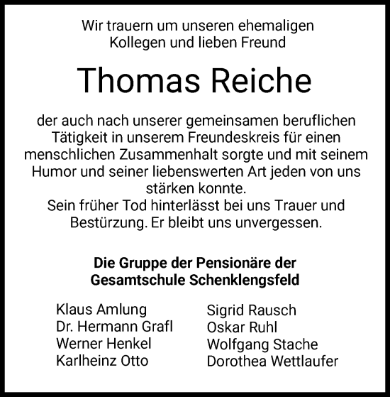 Todesanzeige von Thomas Reiche von HZ