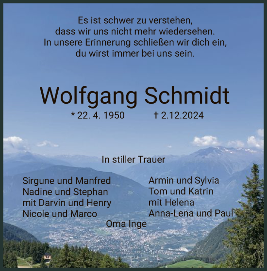 Todesanzeige von Wolfgang Schmidt von HZ