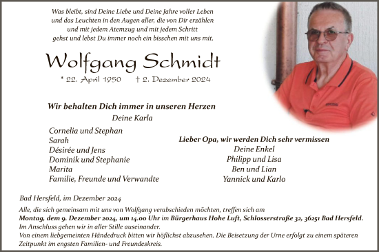 Todesanzeige von Wolfgang Schmidt von HZHNA