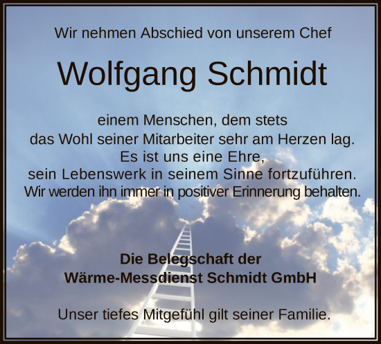 Todesanzeige von Wolfgang Schmidt von HZ