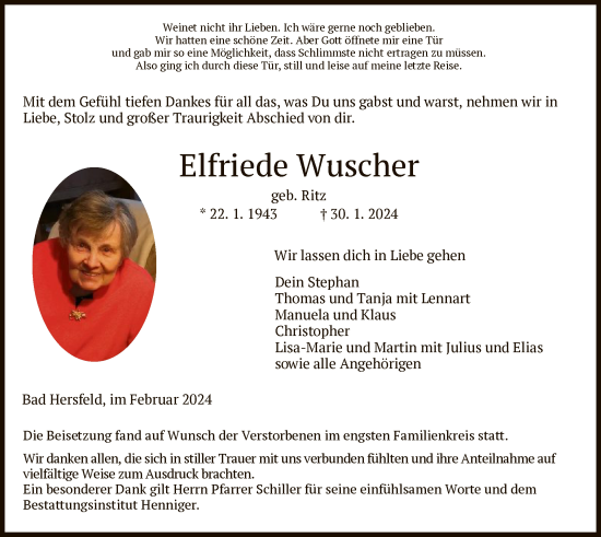 Todesanzeige von Elfriede Wuscher von HZ