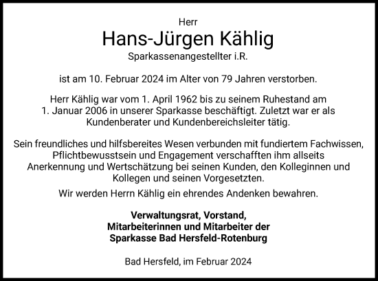 Todesanzeige von Hans-Jürgen Kählig von HZ