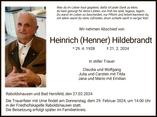 Todesanzeige von Heinrich Hildebrandt von HZ
