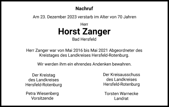 Todesanzeige von Horst Zanger von HZHNA