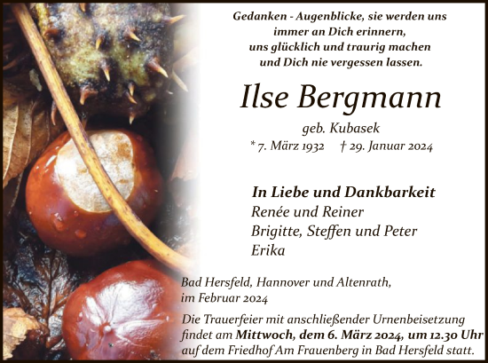 Todesanzeige von Ilse Bergmann von HZ