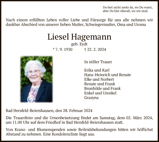 Todesanzeige von Liesel Hagemann von HZ