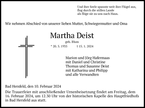 Todesanzeige von Martha Deist von HZ