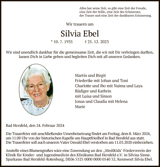Todesanzeige von Silvia Ebel von HZ