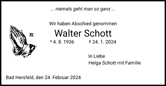 Todesanzeige von Walter Schott von HZHNA