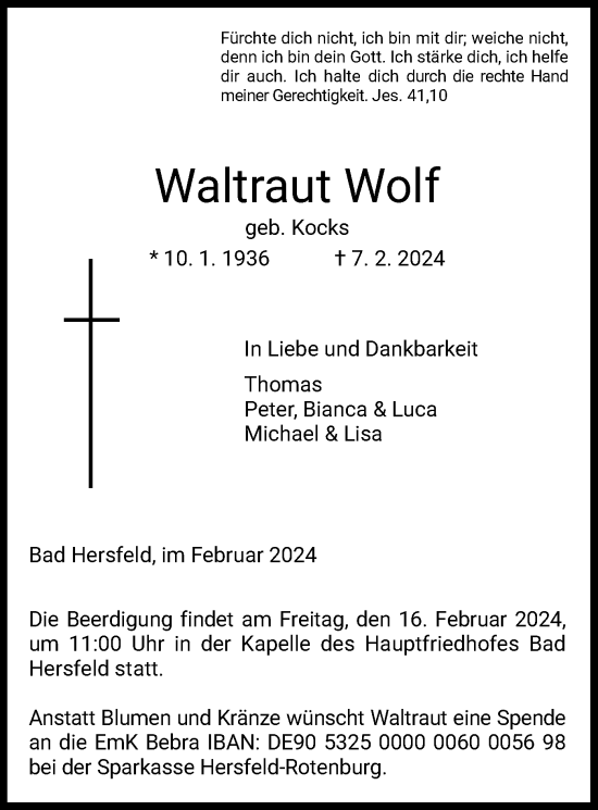 Todesanzeige von Waltraut Wolf von HZ