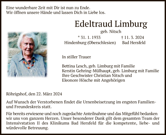 Todesanzeige von Edeltraud Limburg von HZ