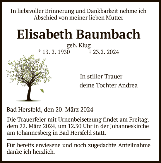 Todesanzeige von Elisabeth Baumbach von HZ