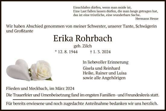 Todesanzeige von Erika Rohrbach von HZHNA