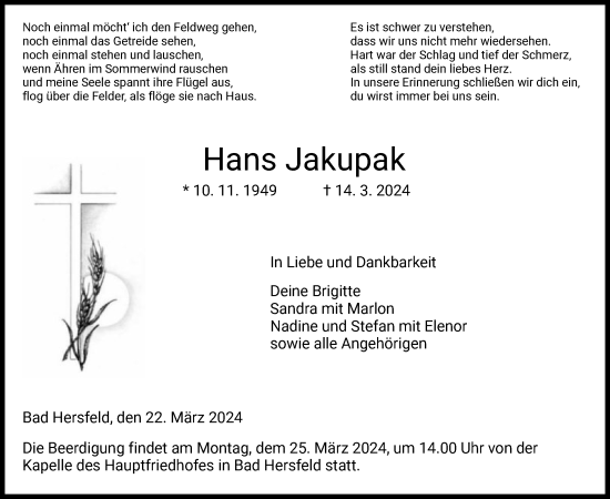 Todesanzeige von Hans Jakupak von HZ